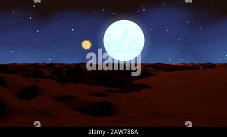 Wunderschönes 3D-Rendering der braunen Sandkulisse des Mars mit einem großen weißen Mond und einem kleinen gelben Mond im dunkelblauen Sternenhimmel. Stockfoto
