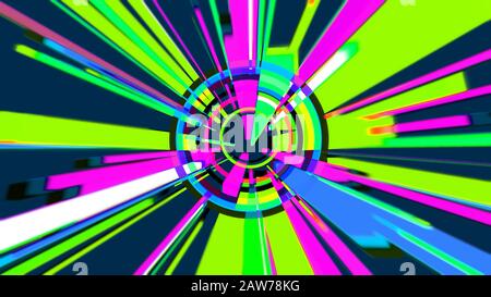 Wunderbares 3D-Rendering einer mehrfarbigen Zeichentrickexplosion, die wie zerbrochene Sonnenstrahlen aussieht, die fröhlich herumleuchten. Es dominieren Salat- und Pinkfarben. Stockfoto
