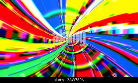 Inspirierendes 3D-Rendering einer mehrfarbigen Zeichentrickexplosion, die wie spiralförmige Sonnenstrahlen aussieht, die optimistisch herumleuchten. Orange und gelbe Farben domin Stockfoto