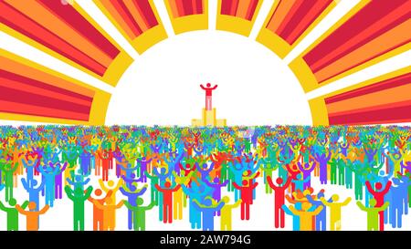 Wunderschöne 3D-Illustration von frechen bunten Leuten, die die Hände hochheben und eine gigantische rote und gelbe Sonne und ihren Anführer auf dem Sockel begrüßen. Stockfoto