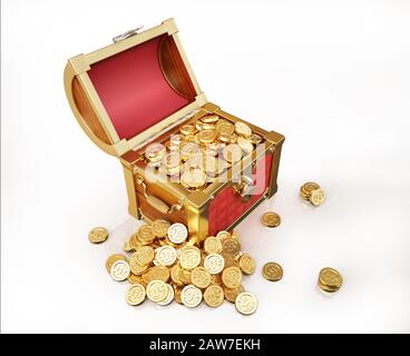 Schatzkoffer voller Goldmünzen, einige von außen gehäuft. 3D-Darstellung auf weißem Hintergrund. Stockfoto