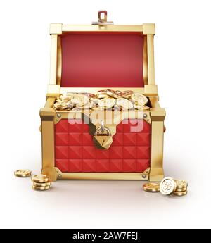 Treasure Coffer voller Goldmünzen, Vorderansicht. 3D-Darstellung auf weißem Hintergrund. Stockfoto