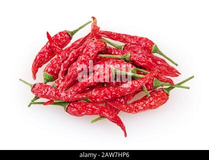 Trockene rote Cayenne-Paprika isoliert auf weißem Hintergrund mit Beschneidungspfad Stockfoto