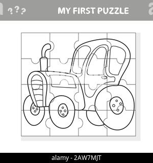 Cartoon Vector Illustration of Education Puzzle Game for Preschool Children with Funny Tractor Machine Character - Mein erstes Puzzle- und Farbbuch Stock Vektor