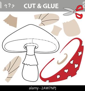 Erstellen Sie das Bild der Pilzfliege mit einer Schere und einem Kleber. Lernspiel für Kinder. Vektorgrafiken. Stock Vektor