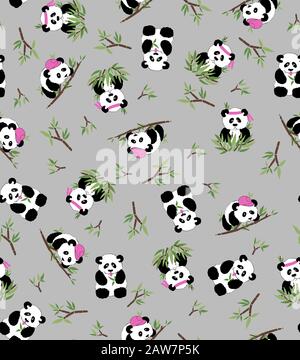 Panda und Bambus, grauer Hintergrund. Vector Seamless Muster - Textil, Postkarten, Hintergrundbild Stock Vektor