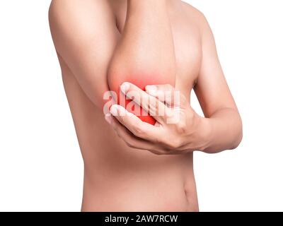 Mann mit Ellenbogenschmerzen, Gelenkschmerzen, rotes Farblicht mit rotem Ellenbogen isoliert auf weißem Hintergrund. Gesundheitswesen und medizinisches Konzept Stockfoto