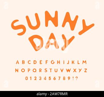 Sonnige Buchstaben und Zahlen gesetzt. Aus heißer Sonne geschmolzen. Abgerundete lustige Schrift für Veranstaltungen, Aktionen, Logos, Banner, Bonbons und Poster. Vektor Stock Vektor