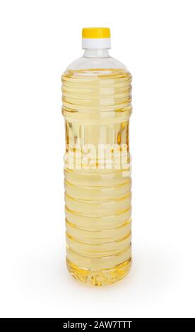 Sonnenblumenöl in der Flasche isoliert auf weißem Hintergrund mit Schneideweg Stockfoto