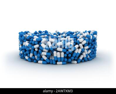 Kapseln mit Kapseln, isoliert auf weißem Hintergrund, medizinischem und medizinischem 3D-Rendering Stockfoto
