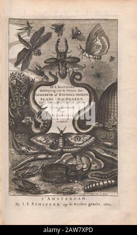 Titelseite Copperplate Print von Johannes Jonston Naturbuch 'Dr. I. Ionstons Beschwörung vande natuur der vogelen neffens haer beeldenissen in koper gesneden' 1660 In Amsterdam Veröffentlicht Stockfoto
