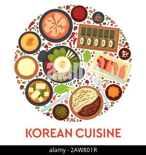 Koreanische Küche, Reisen nach Korea, Speisekarte mit Speisen Stock Vektor
