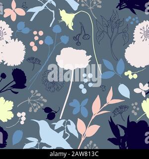 Herbstblätter, Blumen und Beeren nahtloses Muster. Stock Vektor