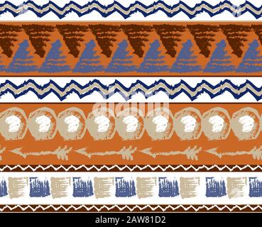 Nahtloses ethnisches Muster. Orangefarbenes, blaues, goldenes und weißes geometrisches Muster. Stock Vektor