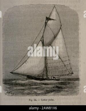 Der Holzschnittdruck aus dem 19. Jahrhundert auf dem Papier einer Cutter-Yacht von L'Art Naval von Leon Renard, Veröffentlicht im Jahr 1881 Stockfoto