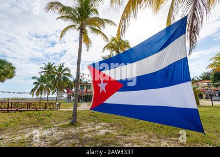 Kubanische Flagge Unter Palmen. Kubanische Flagge gegen tropische Palmen und blauen Himmel. Wunderschöne tropische Landschaft im Hintergrund. Stockfoto