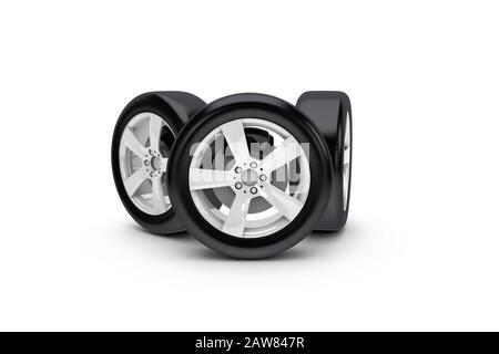 3D-Rendering, Stapel mit einem schwarzen Autoreifen, Rad, isoliert auf weißem Hintergrund. Stockfoto