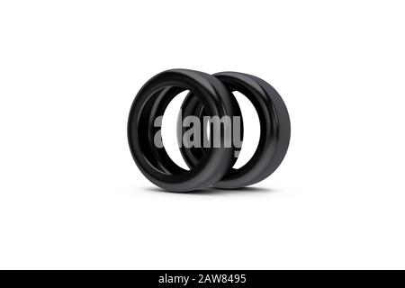 3D-Rendering, Stapel mit einem schwarzen Autoreifen, Rad, isoliert auf weißem Hintergrund. Stockfoto