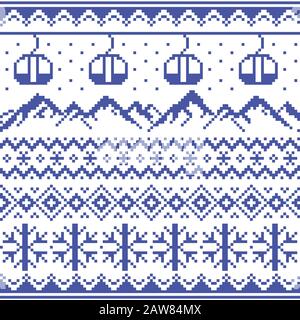 Berge und Gondeln Ski- und Snowboardvektor nahtloses Muster - traditionelle Strickmode im Stil von Fair Isle Stock Vektor