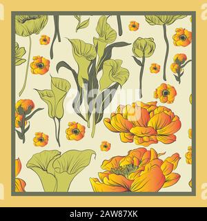 Zarte Farben aus Seidenschal mit Blüte. Stock Vektor