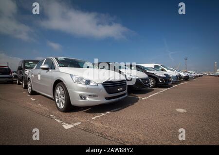 Neue Autos importiert und exportiert aus dem Hafen Stockfoto