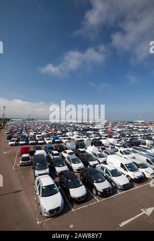 Neue Autos importiert und exportiert aus dem Hafen Stockfoto