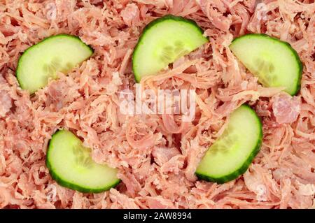 Langsam gekochtes, zerkleinertes Schweinefleisch mit Gurkenscheiben im Hintergrund Stockfoto