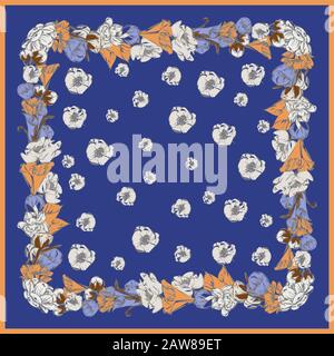 Farbenfroher Seidenschal mit blühenden Mohn, Orchidee und Ponys. Schwarz, weinrot, beige auf Senffarbe Stock Vektor