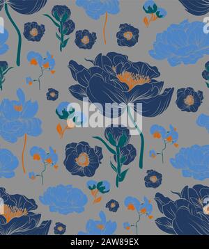 Nahtloses Blumenmuster im Vektor. Trendfarben Herbst 2017: Neutral Gray, Marina, Navy Peony Stock Vektor