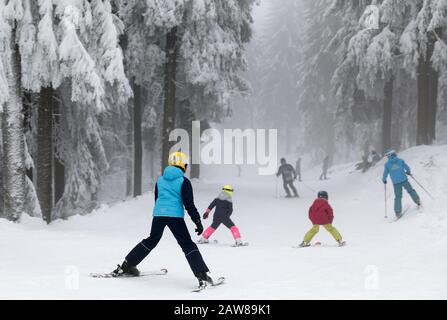 Oberwiesenthal, Deutschland. Februar 2020. Wintersportler fahren auf dem Fichtelberg durch den Winterwald. Am selben Tag beginnen die zweiwöchigen Winterferien in Sachsen. Nach den warmen Tagen mit viel Regen hoffen die sächsischen Skigebiete nun wieder auf kaltes Wetter und Schneefall. Kredit: Jan Woitas / dpa-Zentralbild / dpa / Alamy Live News Stockfoto