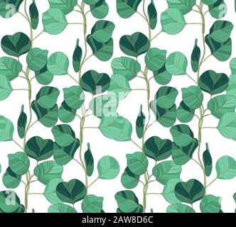 Nahtloses Muster mit Eukalyptus. Handbemaltes Blumenschmuck mit silberfarbenem Dollar. Stockfoto