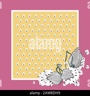 Zarte Farben aus Seidenschal mit blühenden Asclepias syriaca. Rosa, Gelb und Weiß. Stock Vektor