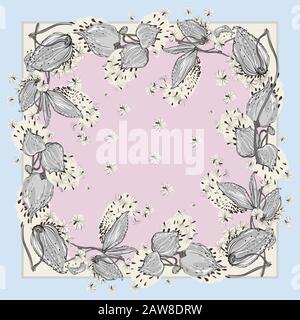 Zarte Farben aus Seidenschal mit blühenden Asclepias syriaca. Rosa, Blau und Weiß. Stock Vektor