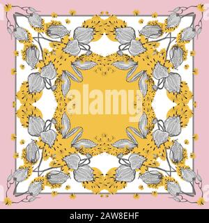 Zarte Farben aus Seidenschal mit blühenden Asclepias syriaca. Rosa, Gelb und Weiß. Stock Vektor