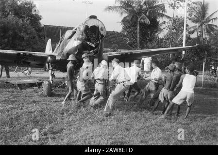 Notlandung eines Curtiss P40 in der Nähe von Solo Vor Kurzem landete ein Curtiss P40 Kampfflugzeug am Stadtrand von Solo. Da es keine Möglichkeit gab, die Einheit vor Ort zu reparieren und auf dem mit Wasser bestückten Spielfeld abzufahren, wurde das Flugzeug vom Militär an anderer Stelle zum Abbau von Anmerkungen geschleppt: Der Berichtstitel ist falsch: Spitfire Datum: 13. April 1949 Ort: Bondoso, Indonesien, Java, Niederländische Ostindien Stockfoto