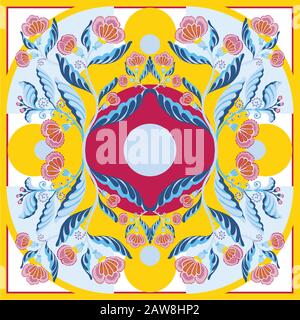 Seidenschal mit abstraktem Blumenmuster und handgezeichneten Blumenelementen. Stock Vektor