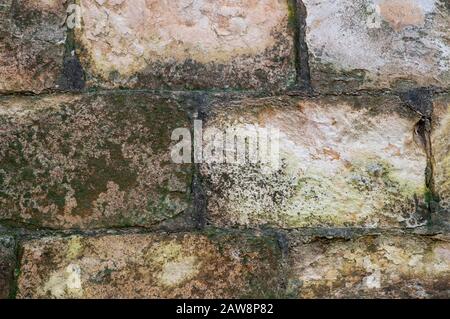 Nahaufnahme einer alten Steinmauer aus einem alten Templergebäude in Beit Lehem Haglilit, Israel. Bethlehem von Galiläa ist eine kleine Gemeinde Stockfoto