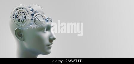 Denkende Frau mit Zahnradmechanismen auf dem Kopf, 3D-Rendering Stockfoto