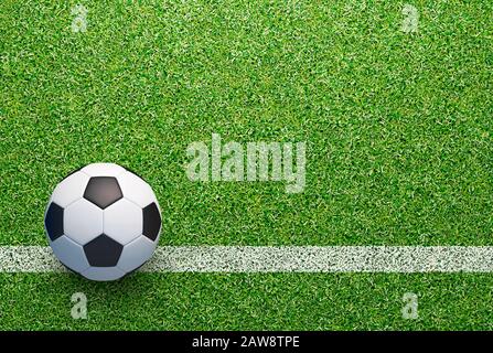 Fußballfeld mit Fußball und Linie, 3D-Rendering Stockfoto