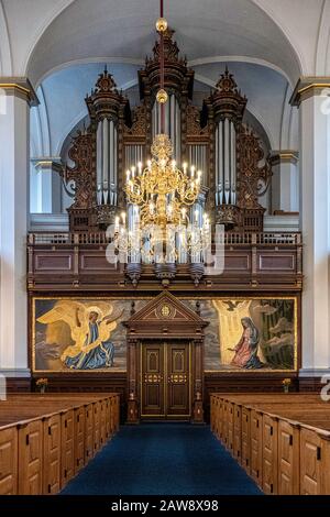 Helligaandskirken, Die Heilig-Geist-Kirche. Die Lutherische Pfarrkirche ist eine der ältesten Kirchen in Kopenhagen, Dänemark. Organdetails Stockfoto