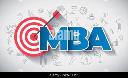 MBA, Master of Business Administration - Creative Business Concept. Blauer Farbkreativ Text und Ziel, auf Hand Gezeichneter Geschäftssymbole Hintergrund. Moderne Vektorgrafiken. Stock Vektor