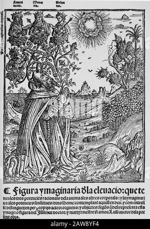 Ramon Llull (1235-1316). Spanischer Schriftsteller und Philosoph. Cover der Valencianischen Ausgabe von Blanquerna, 1521. Porträt des Autors. Spanien. Stockfoto