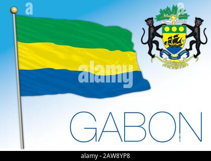 Offizielle Nationalflaggen und -Wappen Gabuns, afrikanisches Land, Vektorillustration Stock Vektor