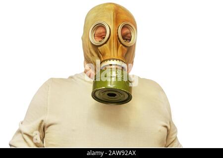 SARS-Konzept. Männer in Gasmaske isoliert auf weißem Hintergrund aufgenommen. Stockfoto