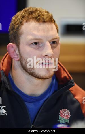 BT Murrayfield Stadium, Edinburgh, Schottland, Großbritannien. Februar 2020. Englands Sam Underhill (Bath Rugby) Pressekonferenz vor Guinness Six Nations Test vs. Scotland. Kredit: Eric mccowat/Alamy Live News Stockfoto