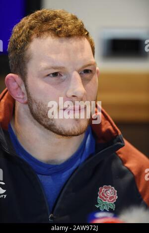 BT Murrayfield Stadium, Edinburgh, Schottland, Großbritannien. Februar 2020. Englands Sam Underhill (Bath Rugby) Pressekonferenz vor Guinness Six Nations Test vs. Scotland. Kredit: Eric mccowat/Alamy Live News Stockfoto