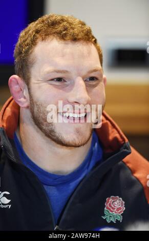 BT Murrayfield Stadium, Edinburgh, Schottland, Großbritannien. Februar 2020. Englands Sam Underhill (Bath Rugby) Pressekonferenz vor Guinness Six Nations Test vs. Scotland. Kredit: Eric mccowat/Alamy Live News Stockfoto