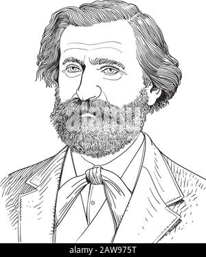 Vektorgrafiken des Opernkomponisten Giuseppe Verdi im Cartoon-Stil. Stock Vektor