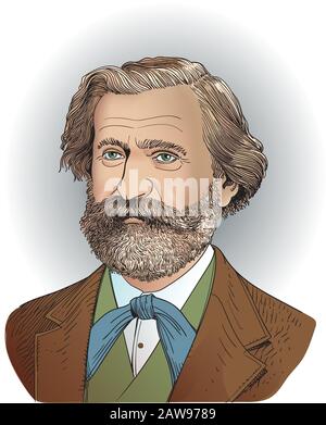 Vektorgrafiken des Opernkomponisten Giuseppe Verdi im Cartoon-Stil. Stock Vektor
