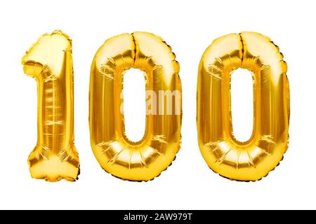 100 einhundert aus goldenen aufblasbaren Ballons, isoliert auf Weiß. Heliumballons, Goldfolienummern. Partydekoration, Jubiläumsschild Stockfoto